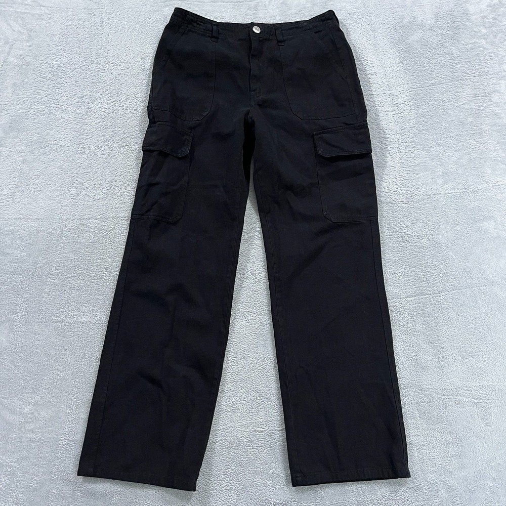 Zara Pants Womens 6  Cargo Pockets Mid Rise Black Straight Denim‎ Grunge Retro